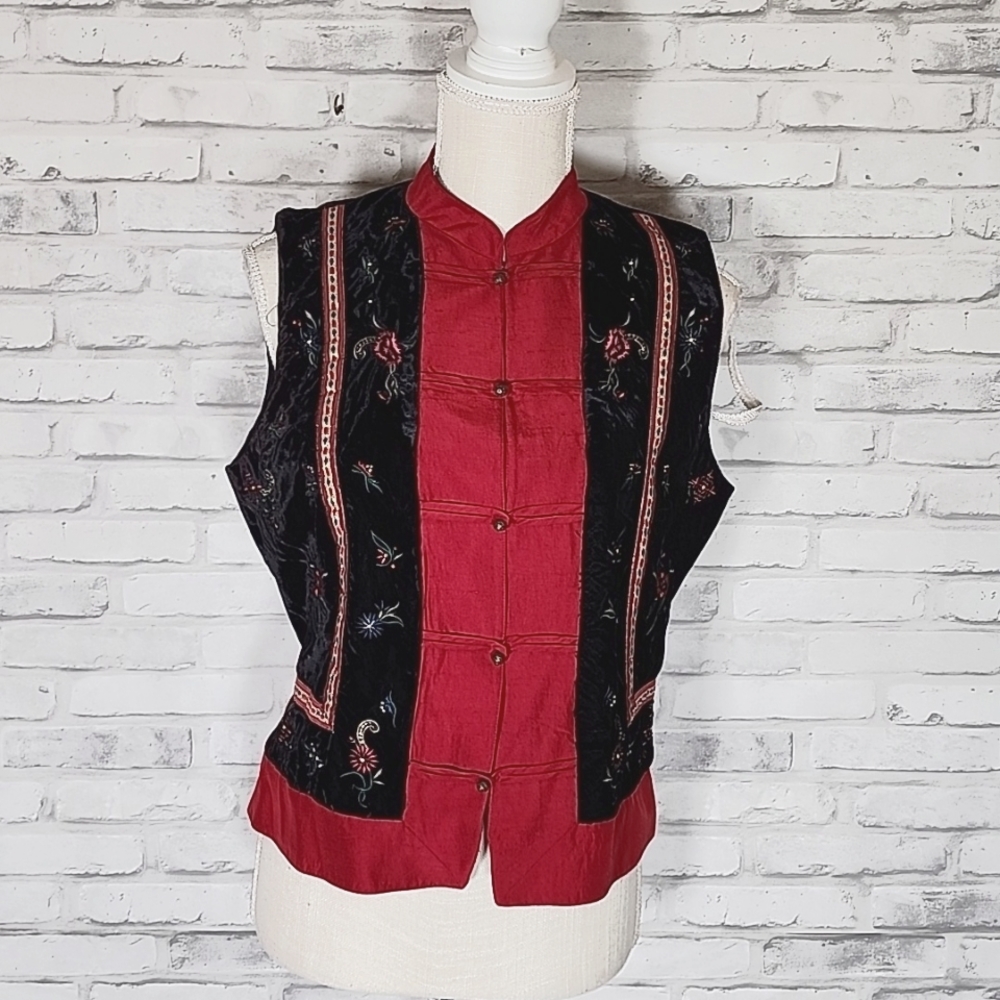 Ann Taylor Back Red Velvet Asian Floral Vest